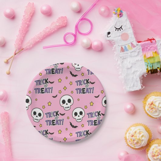 ハロウィンにぴったりなキュートなスケルトン ピンク ペーパープレート (パーティー)