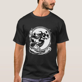 ハロウィンにぴったりな魔法使いと満月の面白いデザイン Tシャツ