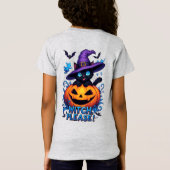 ハロウィンにぴったりな魔法使いの帽子をかぶった遊び心のある黒猫 Tシャツ (裏面)