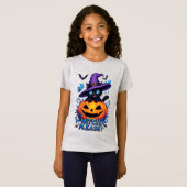 ハロウィンにぴったりな魔法使いの帽子をかぶった遊び心のある黒猫 Tシャツ (正面フル)