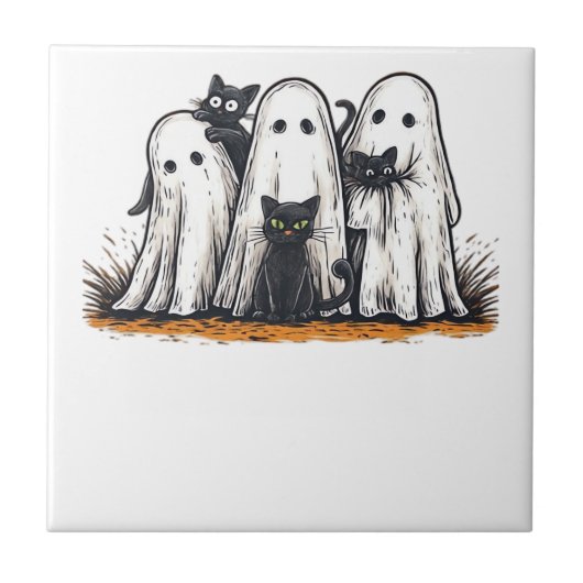 ハロウィンにぴったりな黒猫と幽霊のTシャツ タイル (正面)