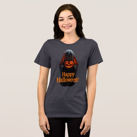ハロウィンにぴったりのかぼちゃを持ったおばけの幽霊 トライブレンドＴシャツ (正面全面)