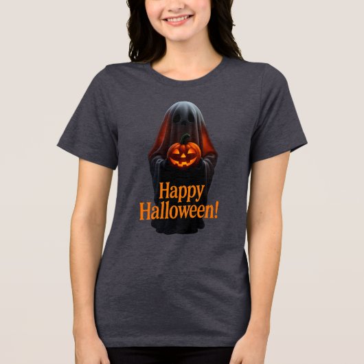 ハロウィンにぴったりのかぼちゃを持ったおばけの幽霊 トライブレンドTシャツ (正面)