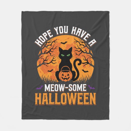 ハロウィンにゃんこ 黒猫 フリースブランケット (正面)