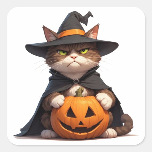 ハロウィンにカボチャを持つ不機嫌な黒猫 👻 スクエアシール (正面)