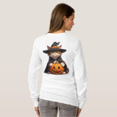 ハロウィンにカボチャを持つ怒った黒猫 👻 Tシャツ (裏面フル)