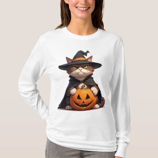 ハロウィンにカボチャを持つ怒った黒猫 👻 Tシャツ (正面)