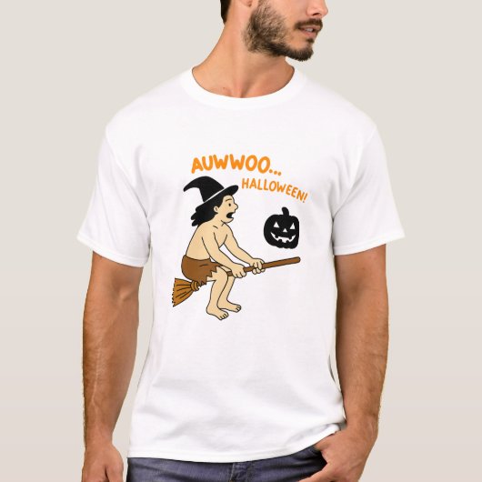 ハロウィンに乗ってジャングルの男 - ほうきに乗ったユーモラスな原始人 Tシャツ (正面)