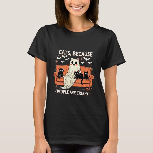ハロウィンに人々が怖いから猫は面白い Tシャツ (正面)