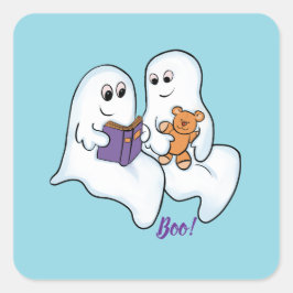 ハロウィンに仲良く本を読むかわいいおばけたち スクエアシール