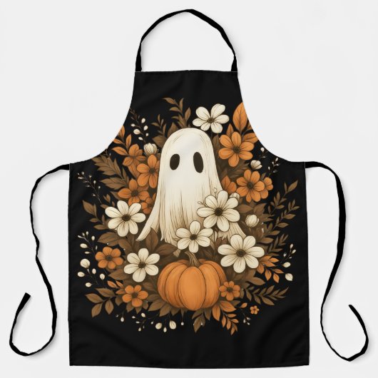 ハロウィンに可愛いお化けとカボチャと秋の花 エプロン (正面)
