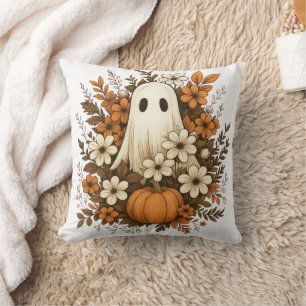 ハロウィンに可愛いお化けとカボチャと秋の花 クッション