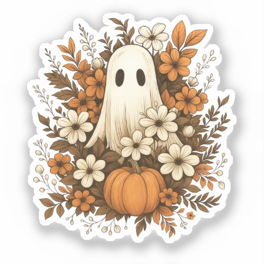 ハロウィンに可愛いお化けとカボチャと秋の花 シール (正面)