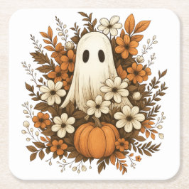 ハロウィンに可愛いお化けとカボチャと秋の花 スクエアペーパーコースター