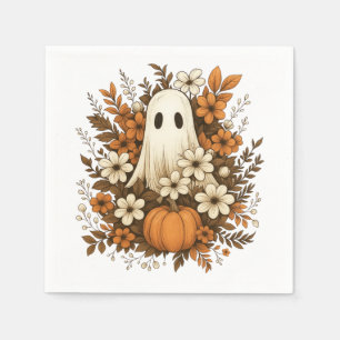 ハロウィンに可愛いお化けとカボチャと秋の花 スタンダードカクテルナプキン