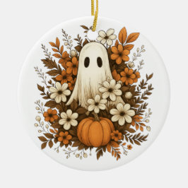 ハロウィンに可愛いお化けとカボチャと秋の花 セラミックオーナメント
