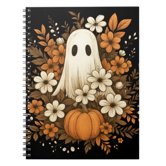ハロウィンに可愛いお化けとカボチャと秋の花 ノートブック (正面)