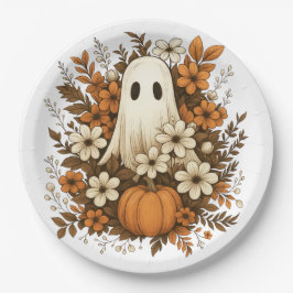 ハロウィンに可愛いお化けとカボチャと秋の花 ペーパープレート