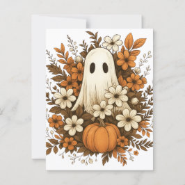 ハロウィンに可愛いお化けとカボチャと秋の花 ポストカード