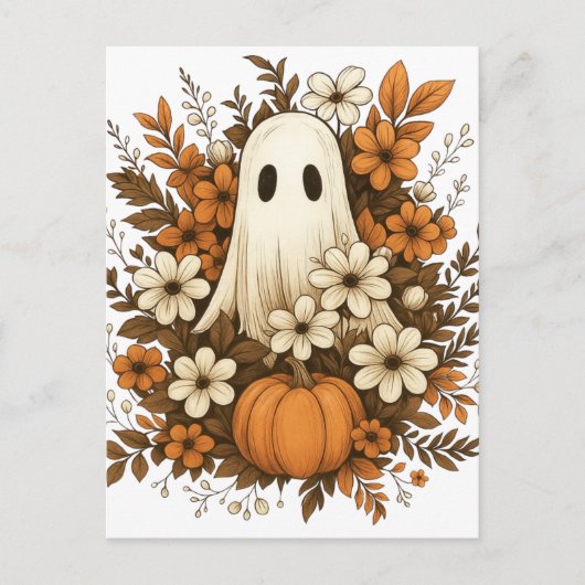 ハロウィンに可愛いお化けとカボチャと秋の花 ポストカード (正面)