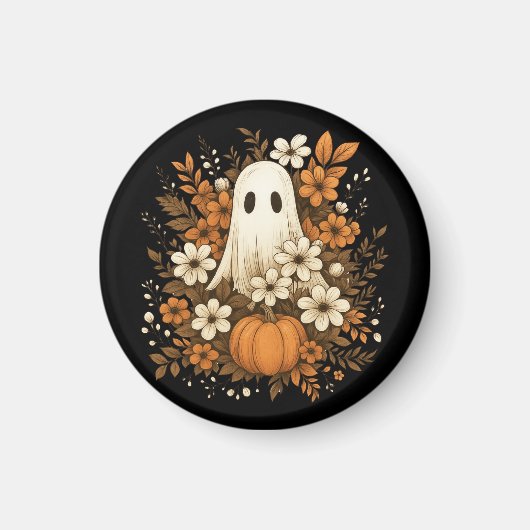 ハロウィンに可愛いお化けとカボチャと秋の花 マグネット (正面)