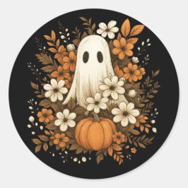 ハロウィンに可愛いお化けとカボチャと秋の花 ラウンドシール
