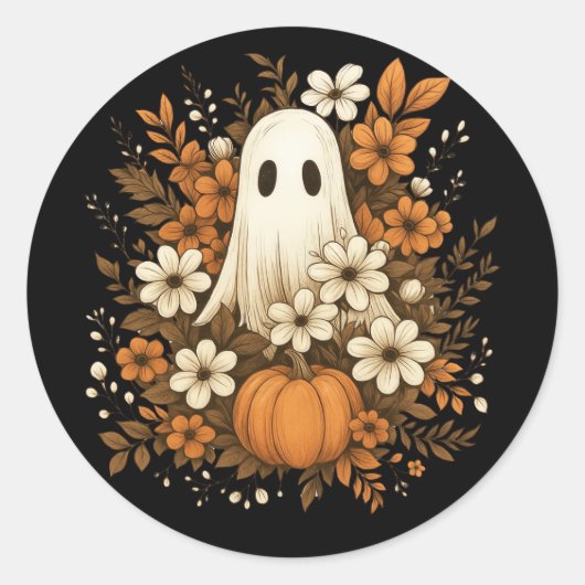 ハロウィンに可愛いお化けとカボチャと秋の花 ラウンドシール (正面)