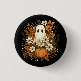 ハロウィンに可愛いお化けとカボチャと秋の花 缶バッジ