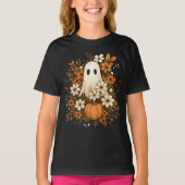 ハロウィンに可愛いお化けとカボチャと秋の花 Tシャツ (正面)