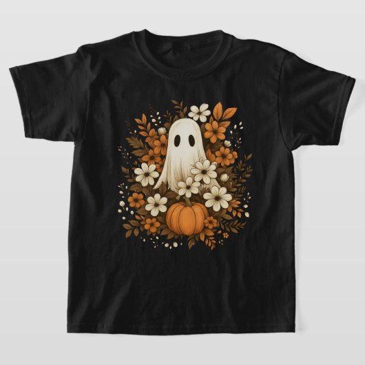 ハロウィンに可愛いお化けとカボチャと秋の花 Tシャツ (レイダウン)