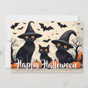 ハロウィンに帽子をかぶった黒猫たち3匹