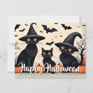 ハロウィンに帽子をかぶった黒猫たち3匹