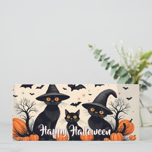 ハロウィンに帽子をかぶった黒猫たち3匹 (スタンド正面)