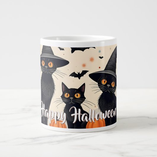 ハロウィンに帽子をかぶった黒猫たち3匹 ジャンボコーヒーマグカップ (正面)