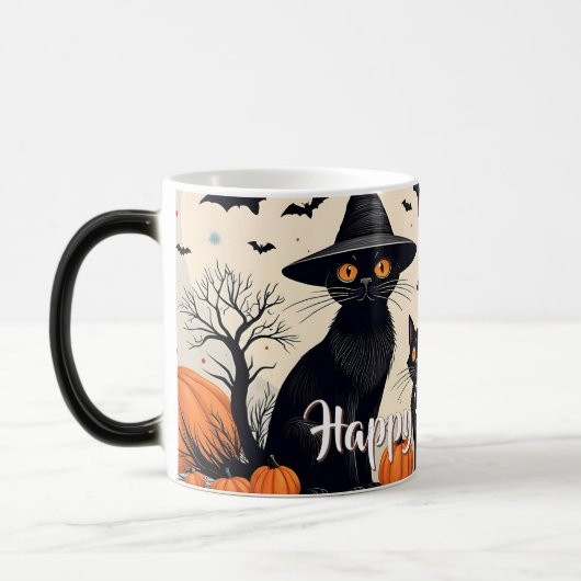 ハロウィンに帽子をかぶった黒猫たち3匹 モーフィングマグカップ (左)