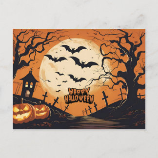 ハロウィンに幸せなコウモリが墓場を飛ぶ シーズンポストカード