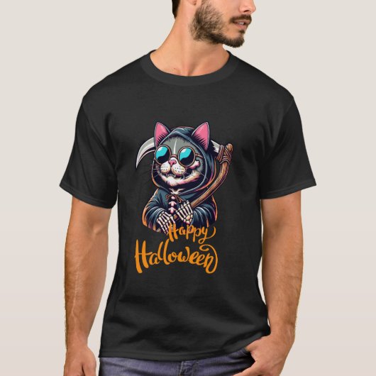 ハロウィンに幸せな猫の死神 トリック オア トリート 面白い Tシャツ (正面)