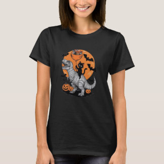 ハロウィンに恐竜のミイラに乗る猫 Tレックス 面白いパーカー Tシャツ