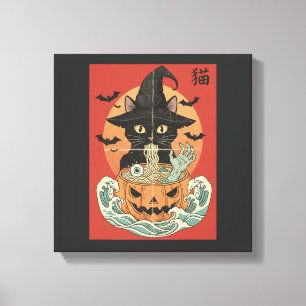 ハロウィンに日本のラーメンを食べる黒猫 キャンバスプリント