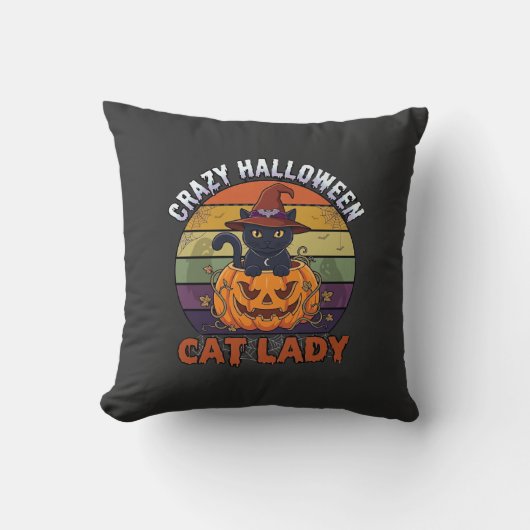 ハロウィンに狂った猫のレディ 黒いカボチャの魔女の帽子 クッション (正面)