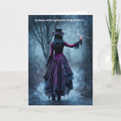 ハロウィンに蝋燭が霧の立った道を歩む女性 カード (正面)