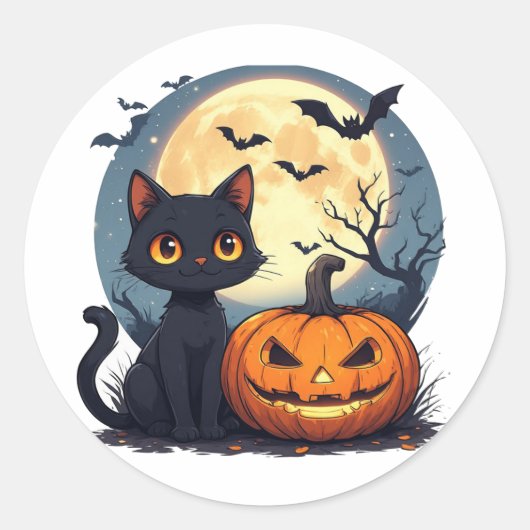 ハロウィンに飛ぶコウモリと黒猫 🎃 ラウンドシール (正面)