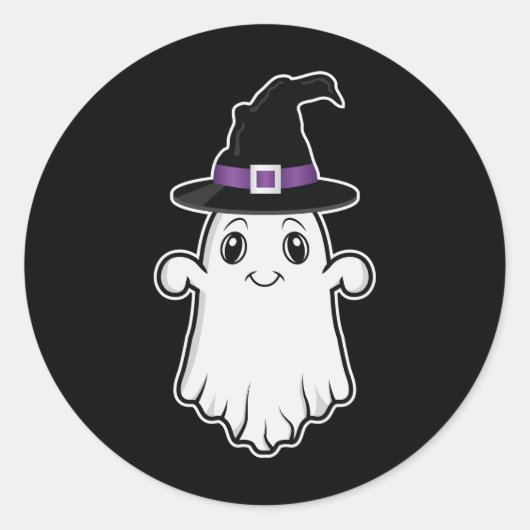 ハロウィンに魔女の帽子をかぶったかわいい笑顔の幽霊 ラウンドシール (正面)