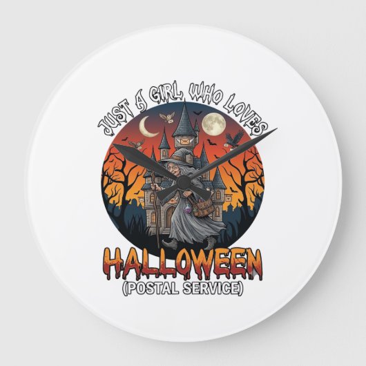 ハロウィンに魔女みんながシーンを作るポストマン ラージ壁時計 (正面)