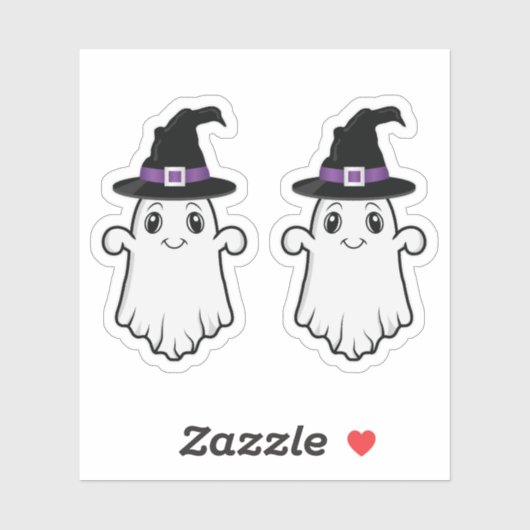 ハロウィンに魔法使いの帽子をかぶったかわいい笑顔の幽霊 シール (シート)