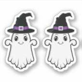 ハロウィンに魔法使いの帽子をかぶったかわいい笑顔の幽霊 シール (正面)