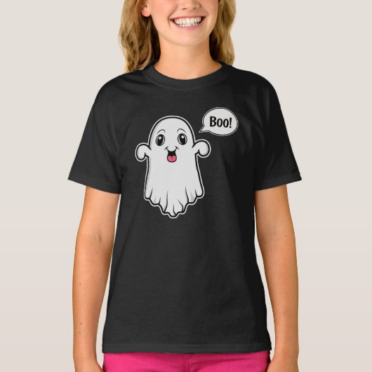 ハロウィンに「ブー」と言うかわいい顔のキャラクター幽霊 Tシャツ (正面)