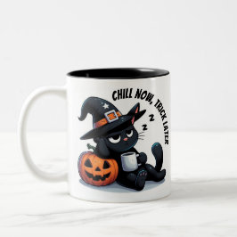 ハロウィンに「今は休んでおくれ - 後でトリックだよ」猫とカボチャ | ハロウィーン ツートーンマグカップ