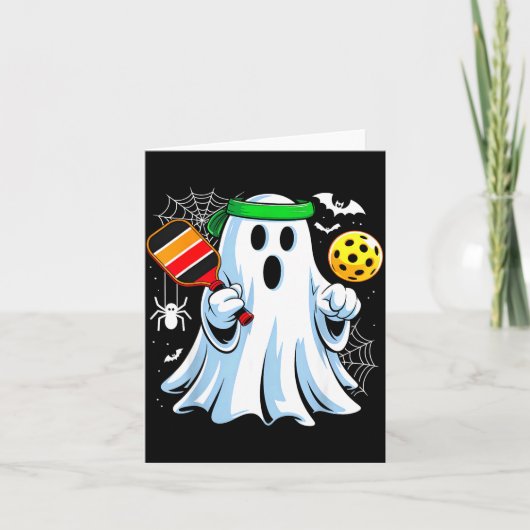 ハロウィンのおばけがピクルボールで遊ぶ面白いデザイン カード (正面)