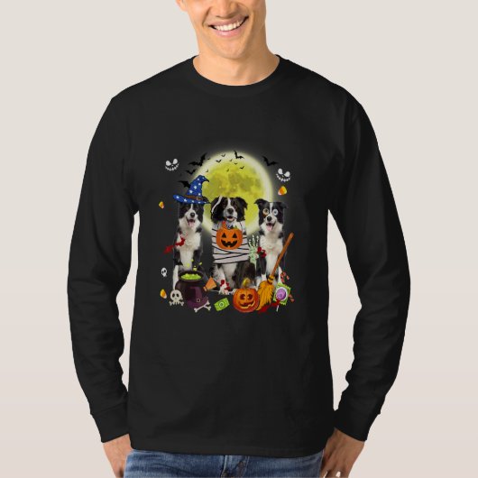 ハロウィンのおばけに呪われる三匹のボーダーコリー Tシャツ (正面)